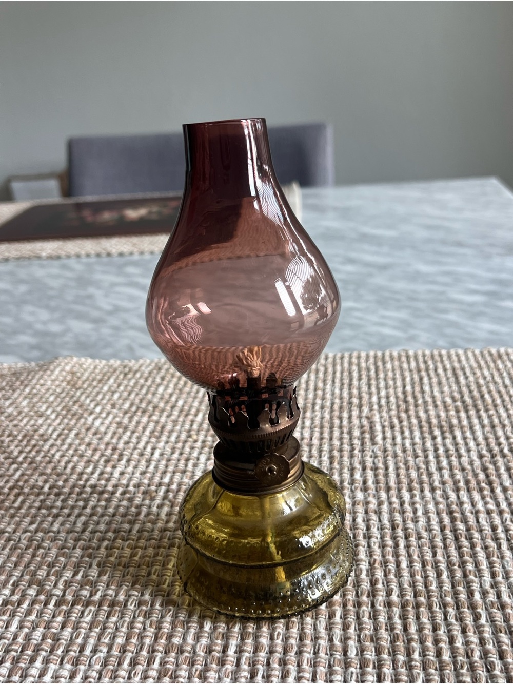 Vintage Glass Oil Lamp with Pink Chimney and Amber Base